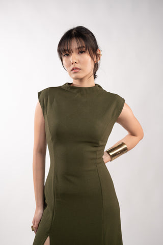 Olive Green Long Dress with Back Opening