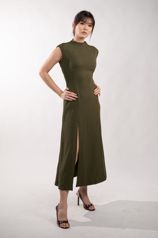 Olive Green Long Dress with Back Opening