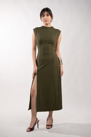 Olive Green Long Dress with Back Opening