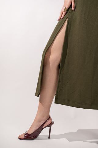 Olive Green Long Dress with Back Opening