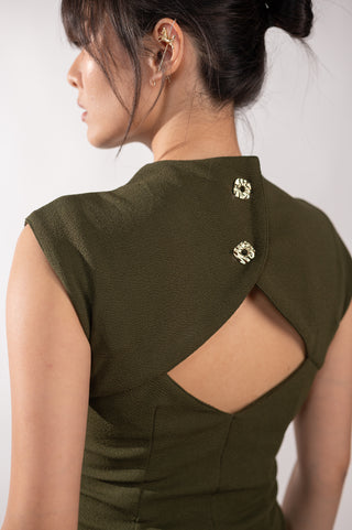 Olive Green Long Dress with Back Opening