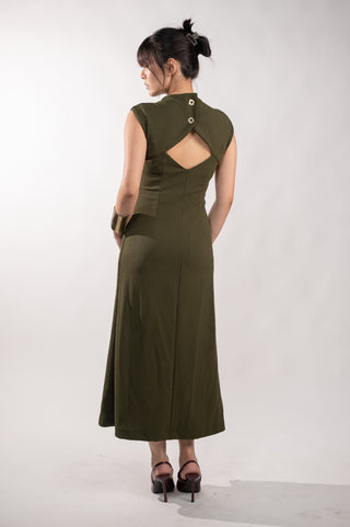 Olive Green Long Dress with Back Opening