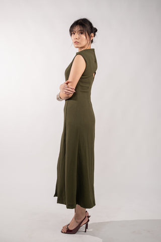 Olive Green Long Dress with Back Opening